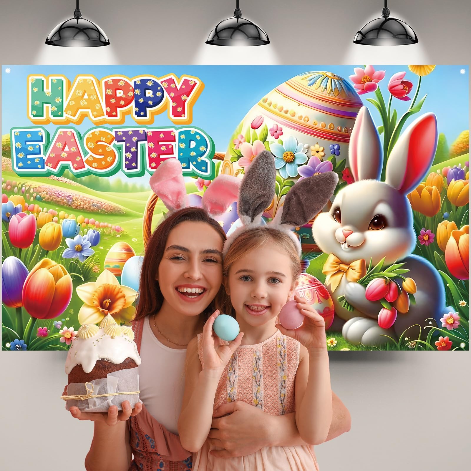 Happy Easter Photo Backdrop Bunny Rabbit 71 inches x 43 inches, Multicolor