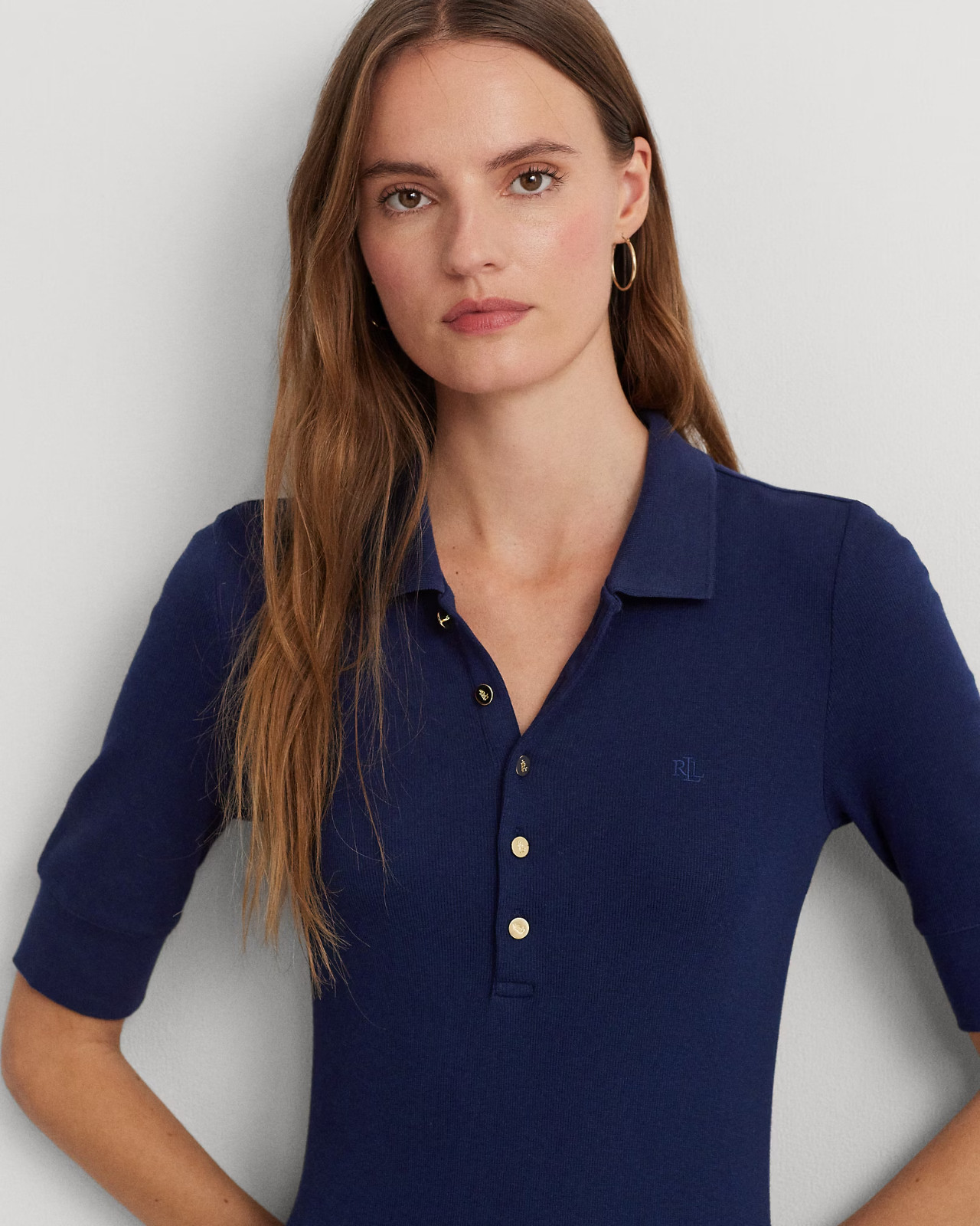 New Lauren Ralph Lauren Cotton-Blend Midi Polo Dress in Navy Blue Size Large