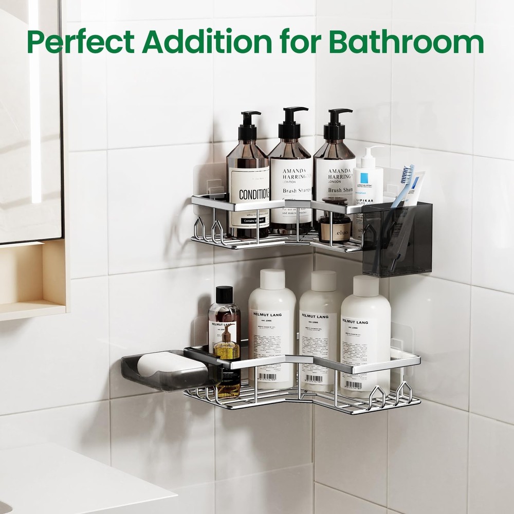 Adhesive Shower Caddy, 2 Pack Corner Bath Organizer, Rustproof Stainless Stee...