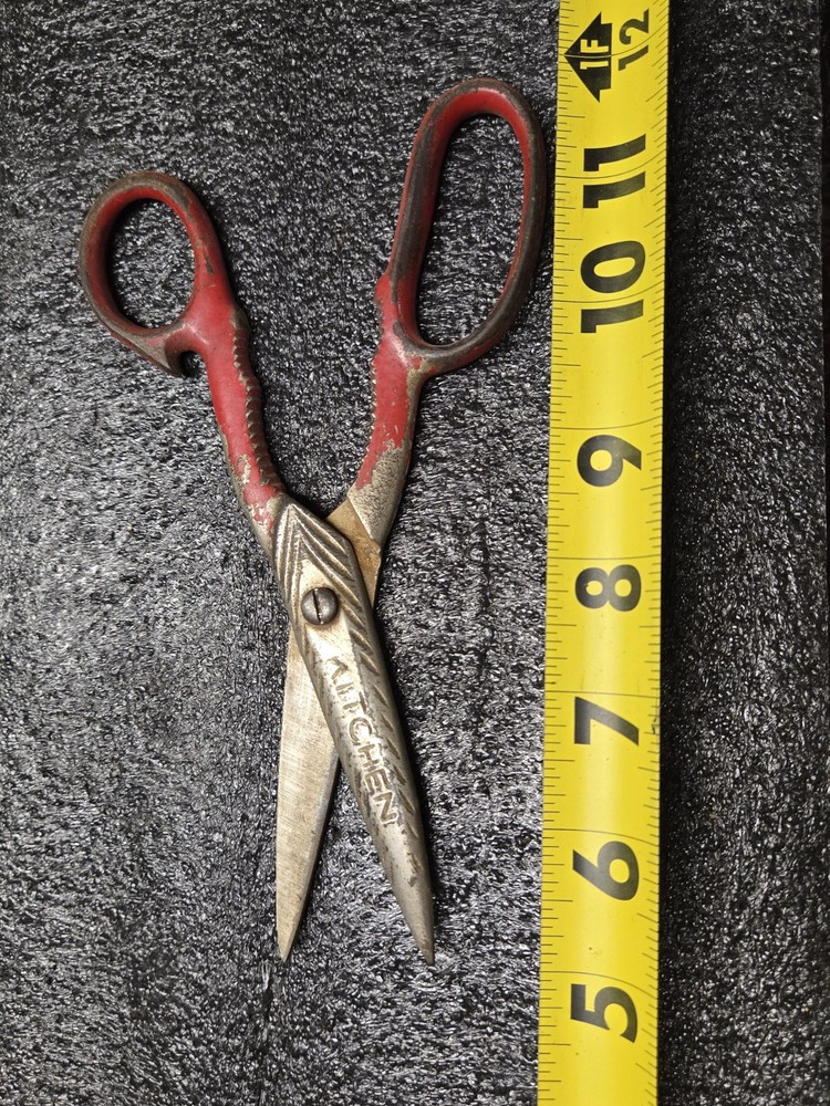 Vintage Kitchen Utility Shears Red Handles Multi-Tool Bottle Opener Nutcracker