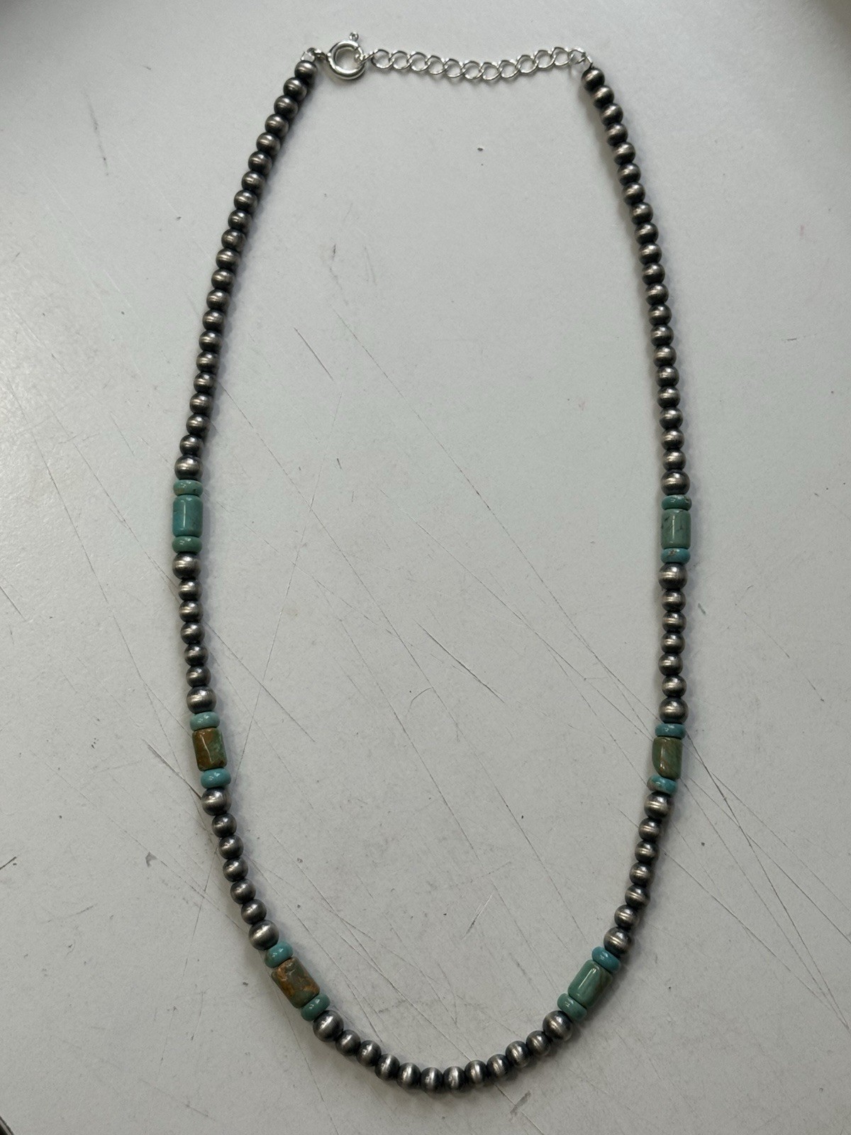 STERLING SILVER 5mm NAVAJO PEARL TURQUOISE CYLINDER BEADS BEADED NECKLACE .925