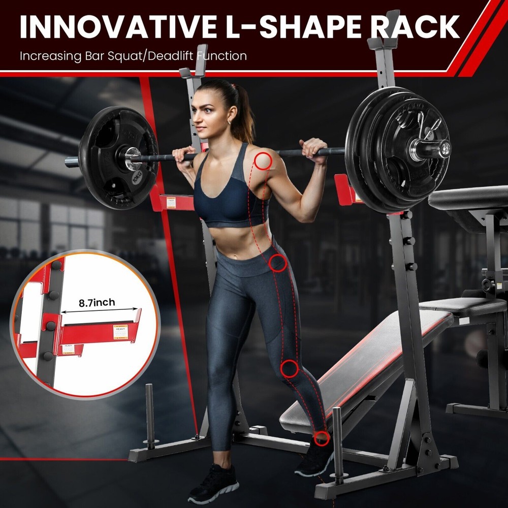 900LBS Multi-Purpose Adjustable Weight Bench Workout Bench Set with Barbel Rack