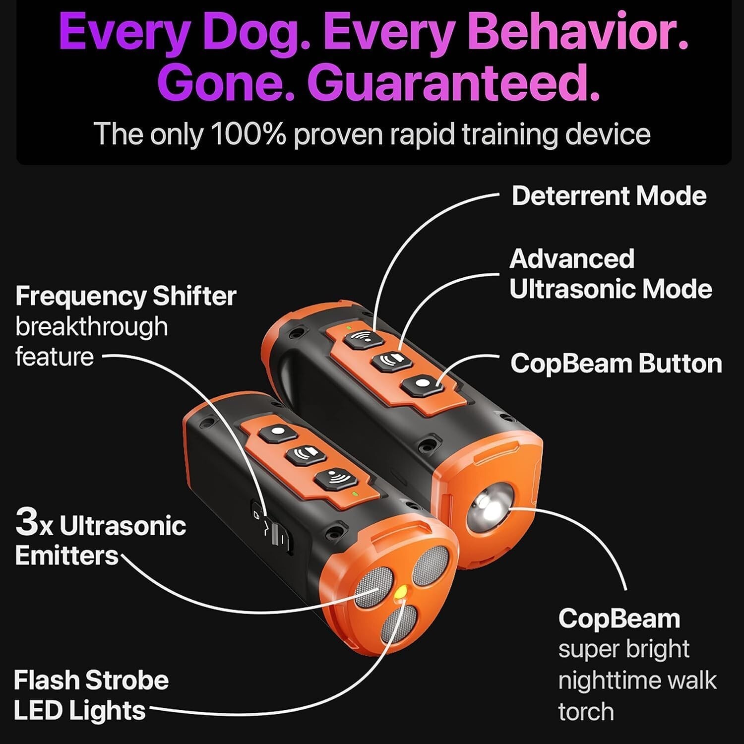 50 Ft Ultrasonic Dog Bark Deterrent Device 3 Emitters Bright LED Cop Flashlight