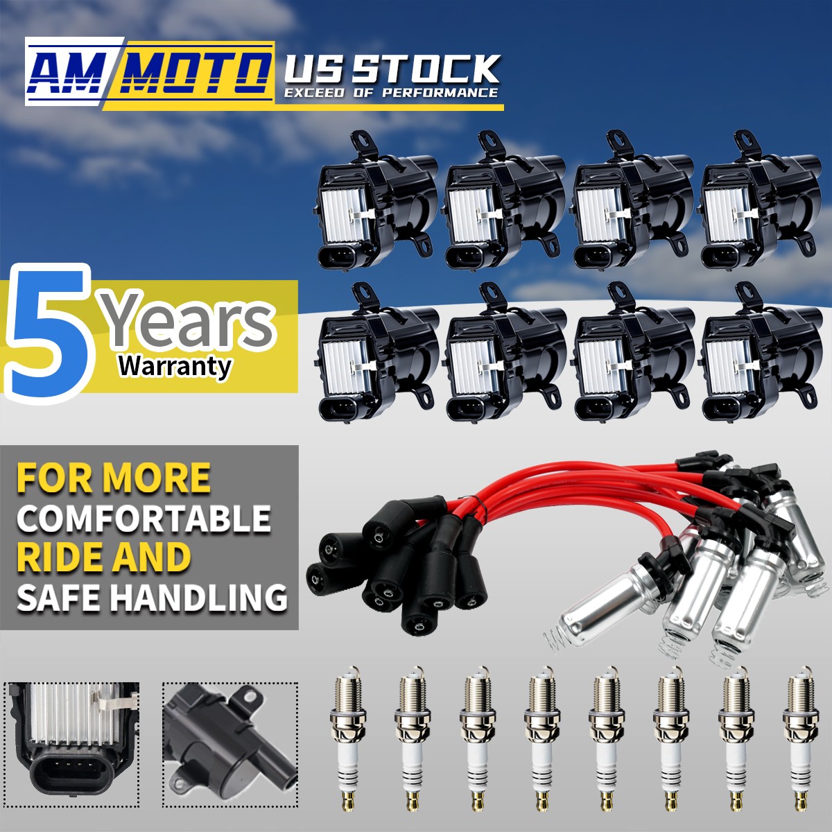 UF262 8X Ignition Coil & Plug & Red Wire For Chevy Silverado GMC 4.8/5.3/6.0L