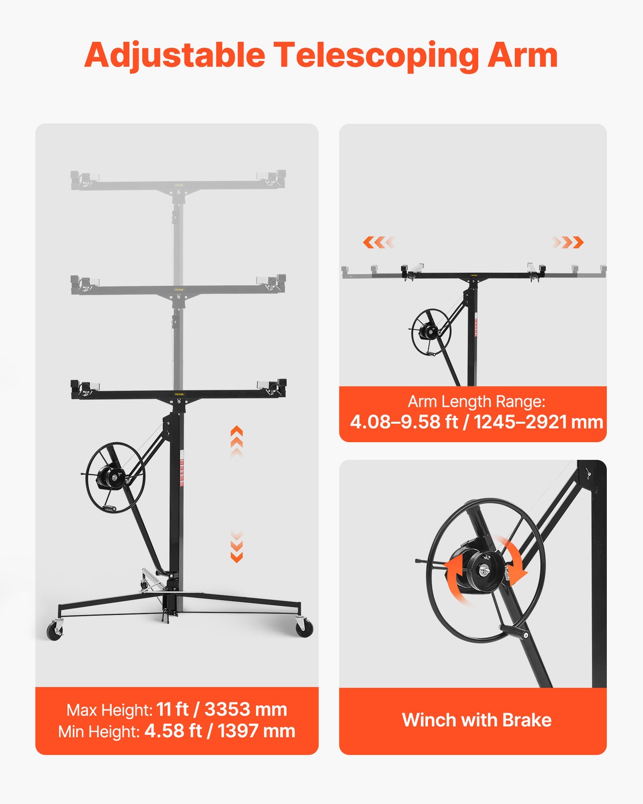 VEVOR 11ft Drywall Lift 150 lbs Sheetrock Hoist Adjustable Arm Lockable Wheels
