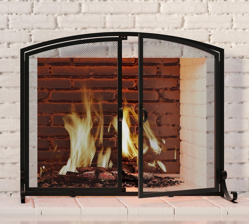 2-Pannel Fireplace Screen with Doors, Handcrafted Solid Mesh,Stable Adjustabl...