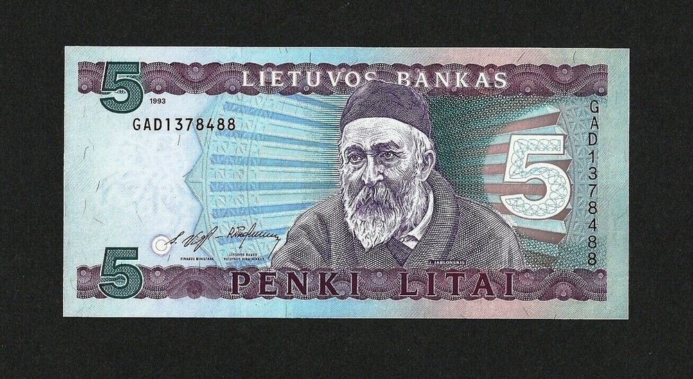 LITHUANIA 5 LITAI 1993 P-55a CRISPY UNC