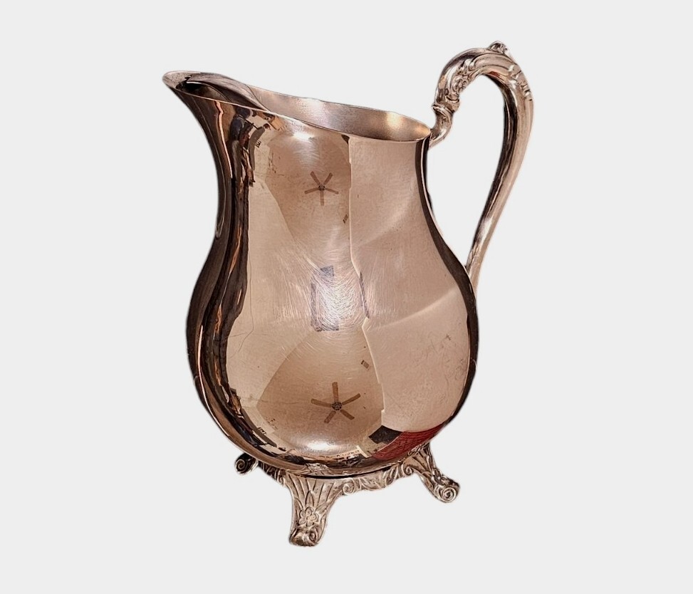 Silverplate Pitcher Ice Guard Ornate Handle Base Feet Tested Silver Vintage