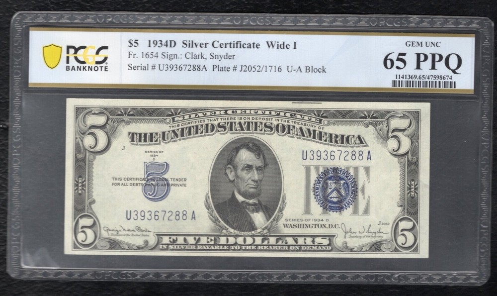 FR. 1654 1934-D $5 SILVER CERTIFICATE PCGS BANKNOTE GEM UNCIRCULATED-65PPQ (E)