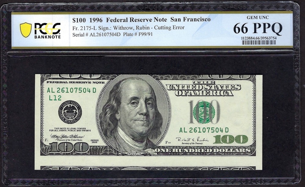 🇺🇸 1996 $100 ERROR  ♚♚CUTTING ERROR♚♚  PCGS GEM UNC 66 PPQ