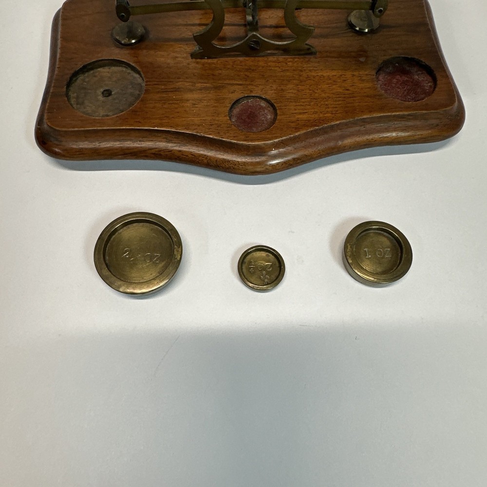 Antique Brass British Postal Scale With Wood Base & Weights