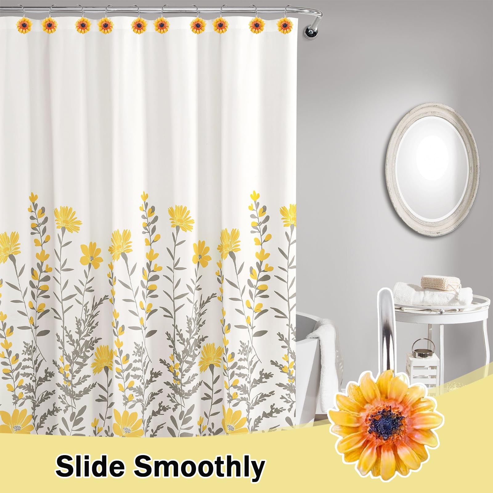 12 PCS Sunflower Shower Curtain Hooks Rustproof Metal Decorative Hangers Rings