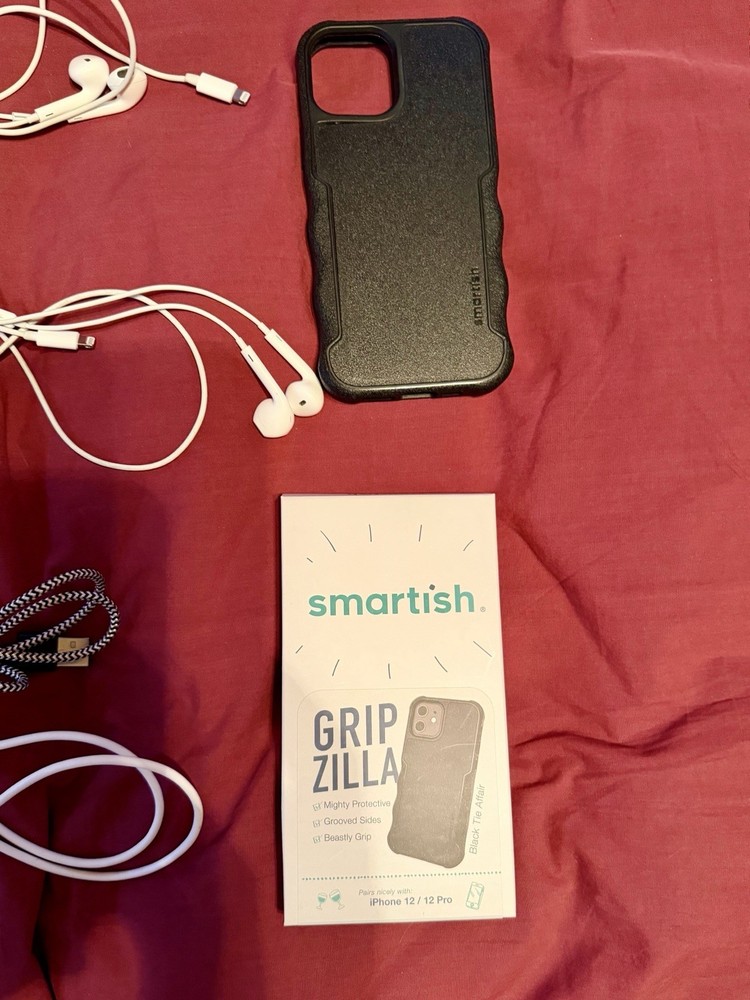 iphone lot: charger, 2 cords, 2 earbuds, case, and screen protector
