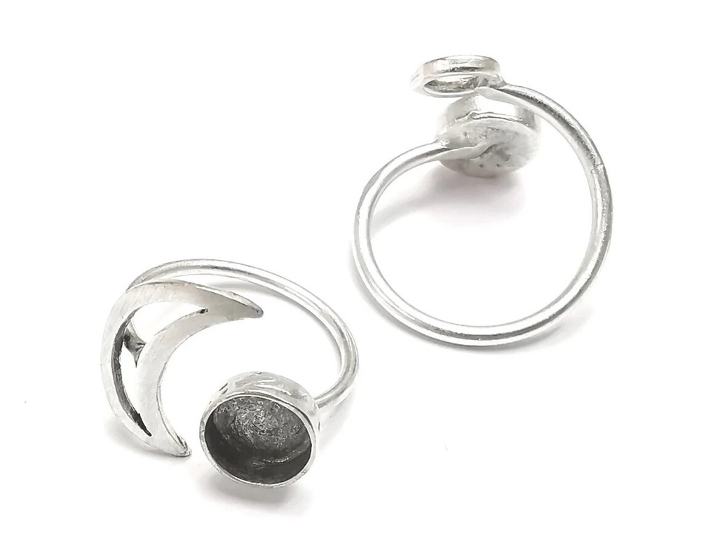 Crescent Moon Silver Ring Blank Base Bezel Settings Cabochon Mountings