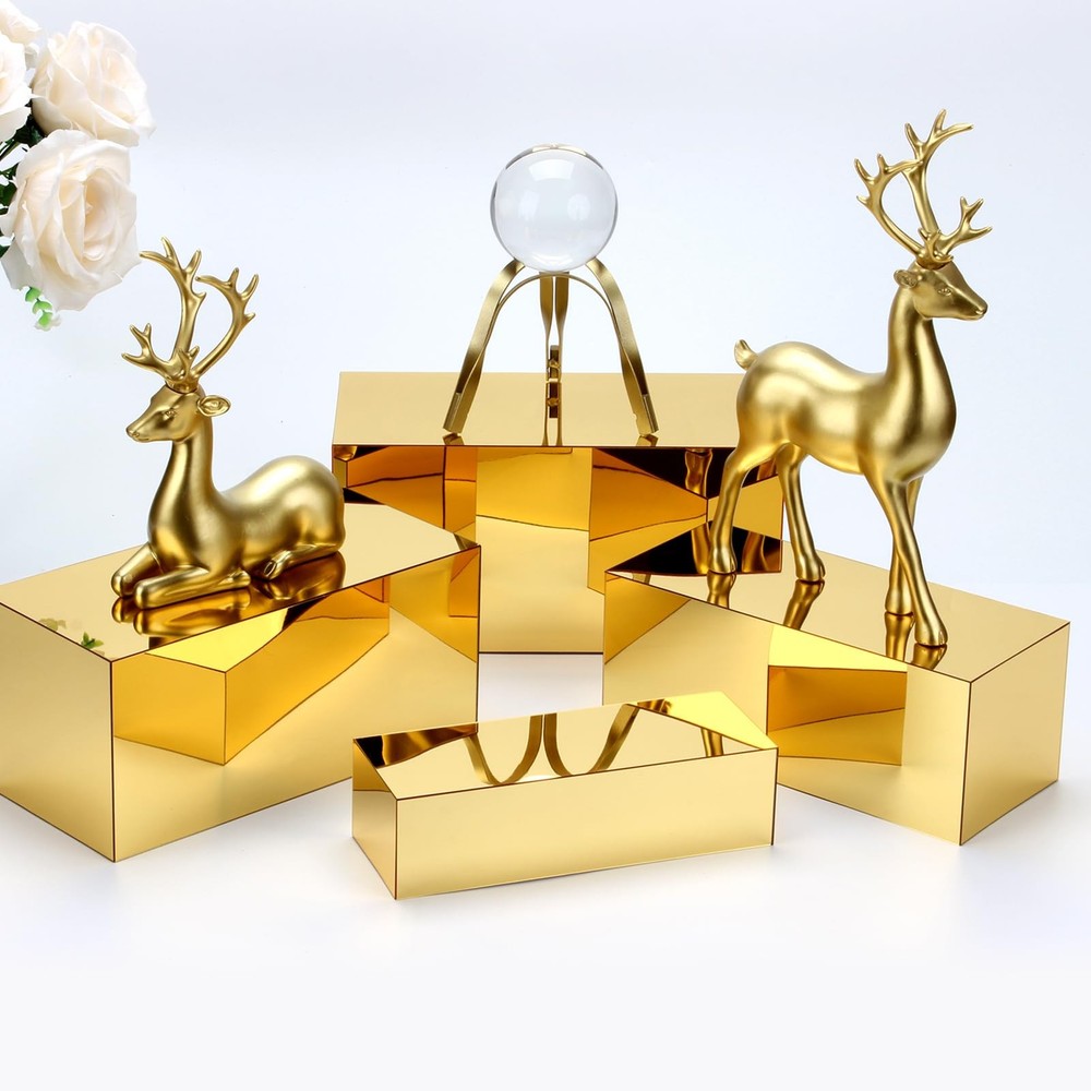 Rectangular Acrylic Food Display Risers, 5 Pcs Gold Mirror Boxes Display Nest...