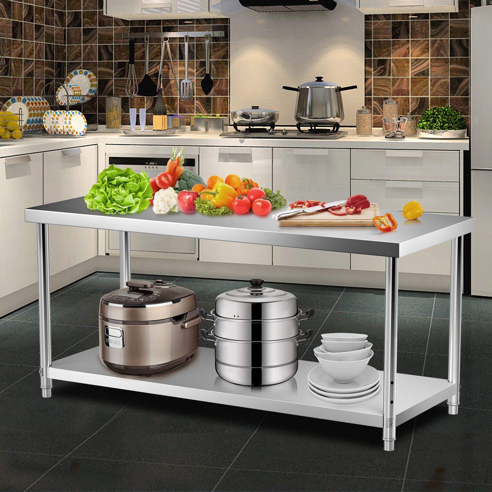 VEVOR Stainless Steel Work Prep Table Commercial Food Prep Table 72x30x34in