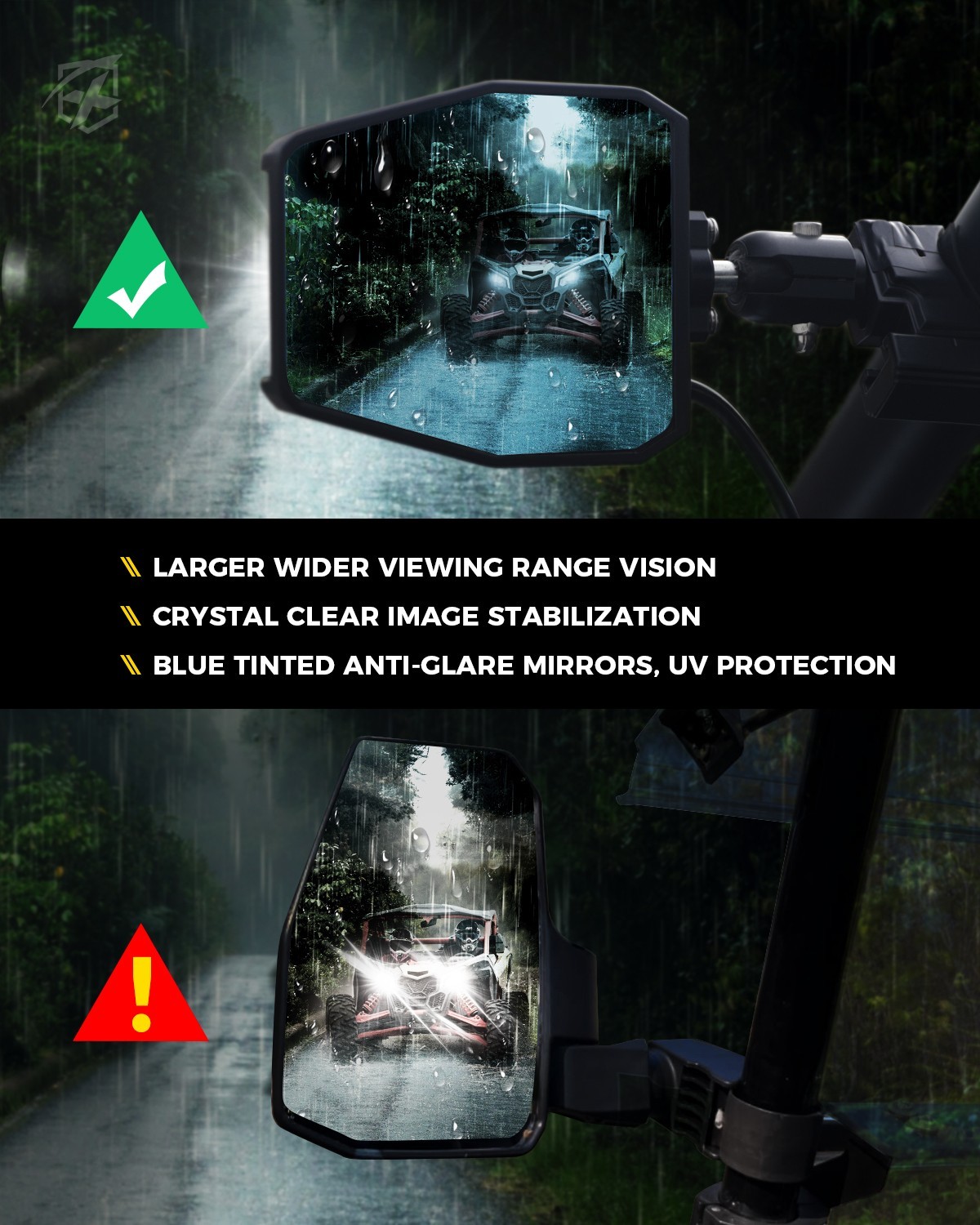 UTV Rear View Side Mirrors w/ Yellow Spot Light for 1.75"-2" Roll Bar Adjustable