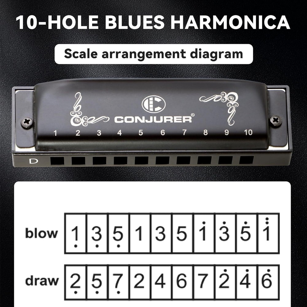 CONJURER Blues 10 Hole Harmonica for Beginner Professional Diatonic Harmonica