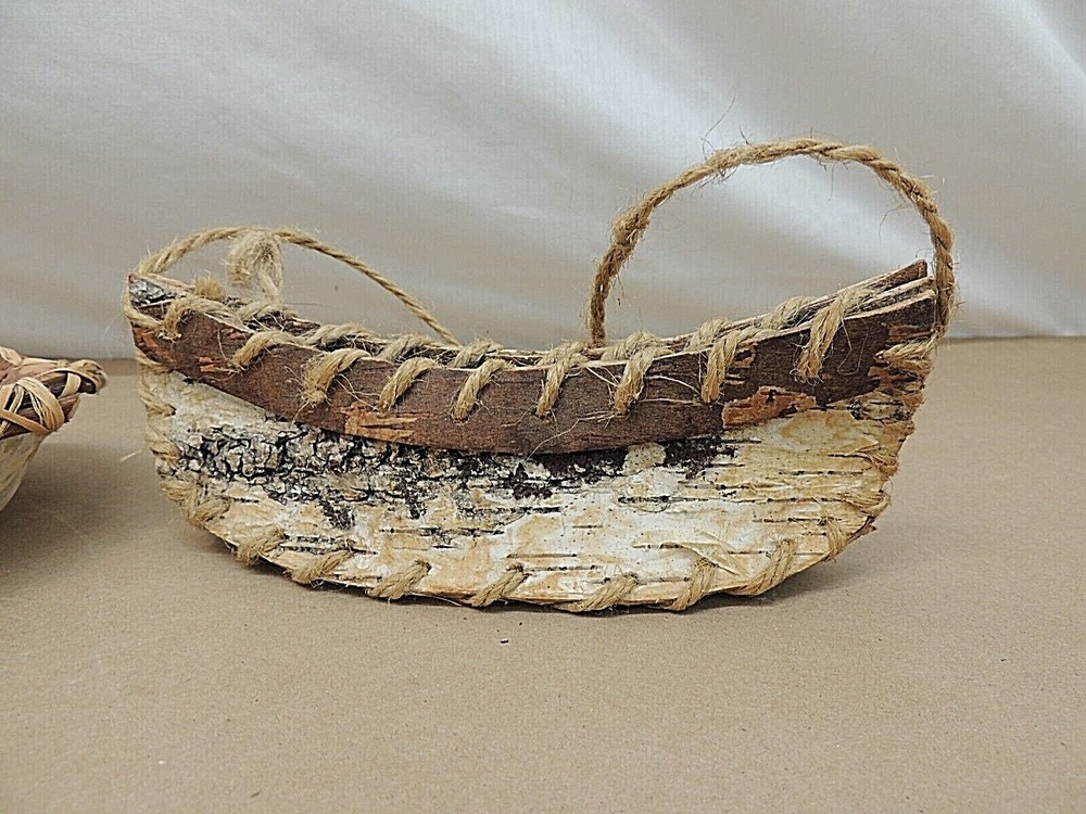 VINTAGE HANDCRAFTED BIRCH BARK CANOE AND DISH