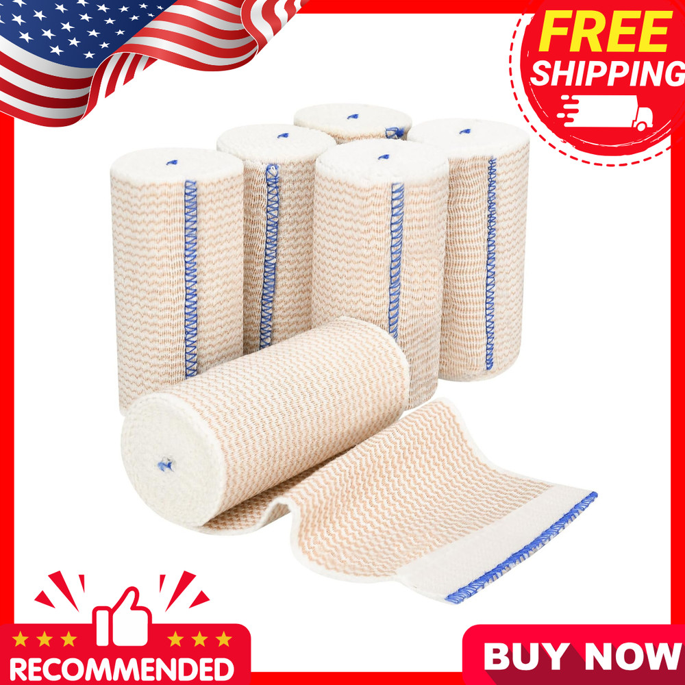 6 Pack 4" Premium Elastic Bandage Wrap, Reusable Hook and Loop Compression Wrap