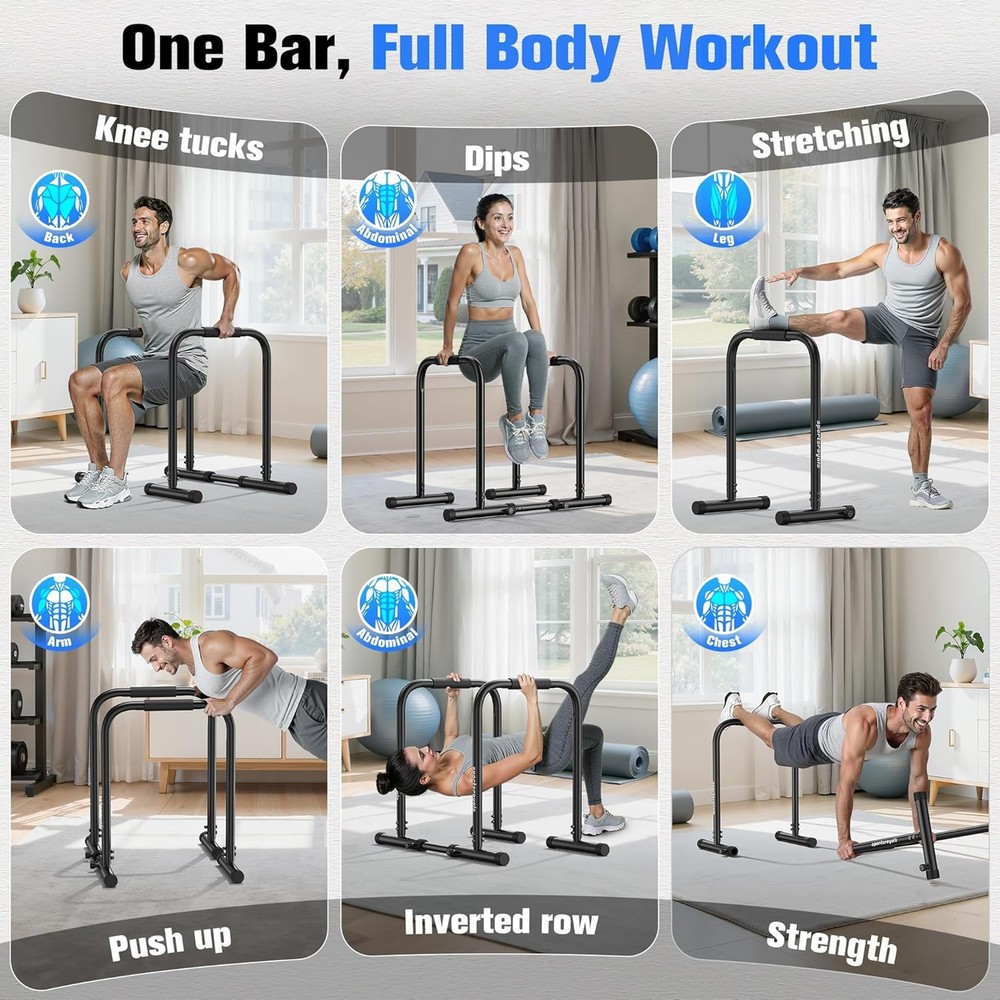 Adjustable Dip Bar Station Parallette & Parallel Bars 400LBS Stable Dip Stands