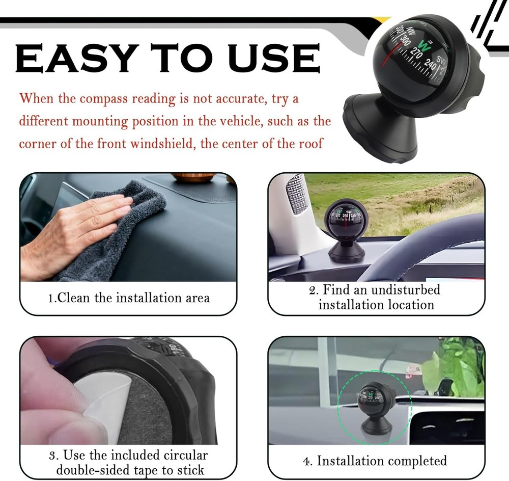 Adjustable Night Vision Car Compass Ball with Bottom Stick for Navigation