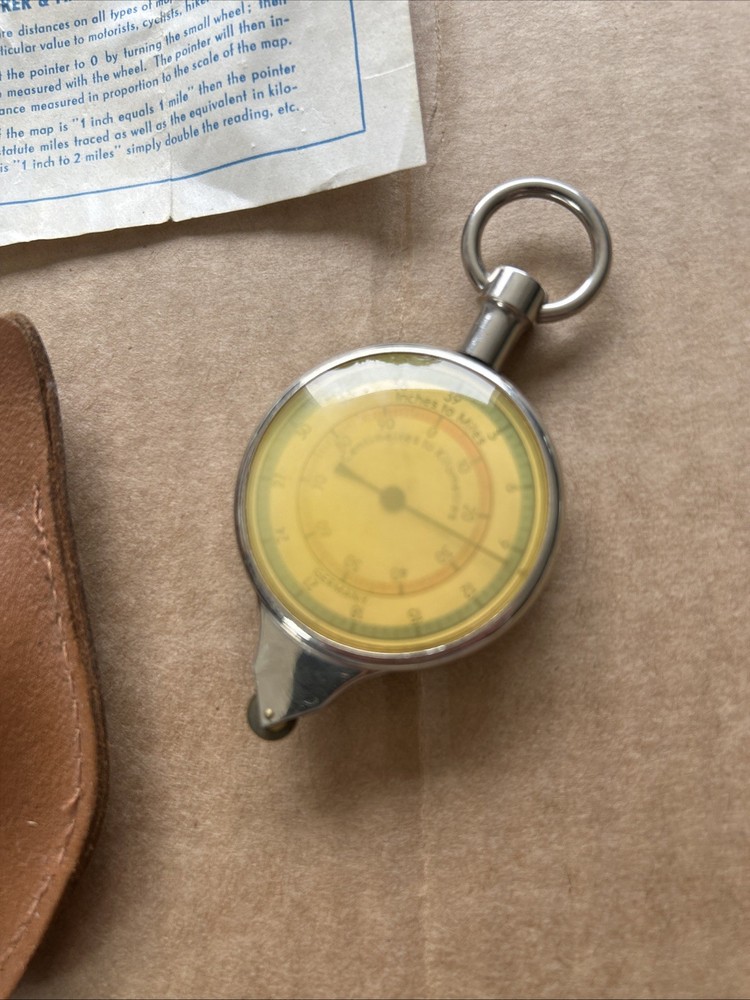 Vintage German Opisometer Map Measuring Tool & Compass w/ring w/Case ~ 3" Works