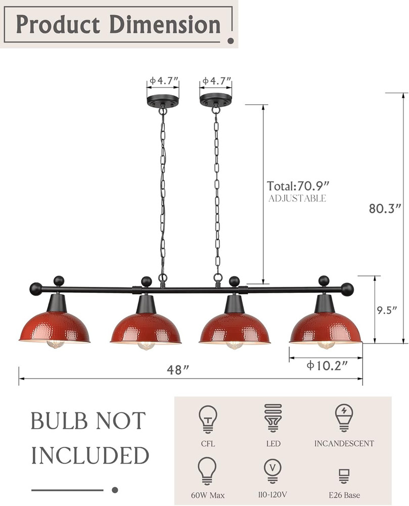 48" Billiard Light, Red Pool Table Light for 7Ft/8Ft Table, 4-Light Kitchen Isla