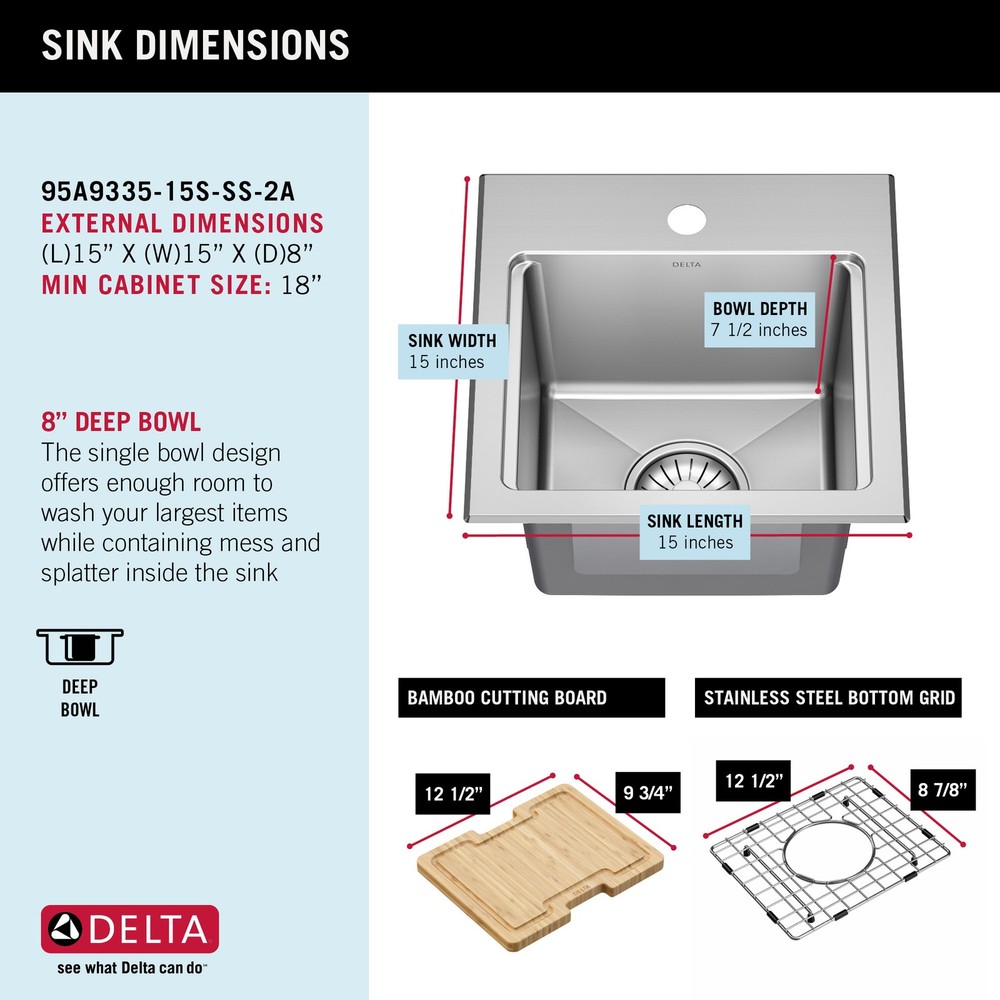 Delta Emery 15" Drop-In Sink – SS, WorkFlow Ledge, Single-Certified Refurbished