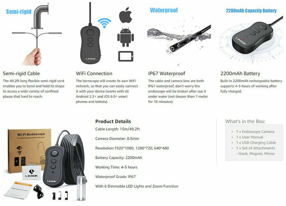 5.5mm Wireless Endoscope 2200mAh Borescope Semi-rigid Cable Inspection Camera