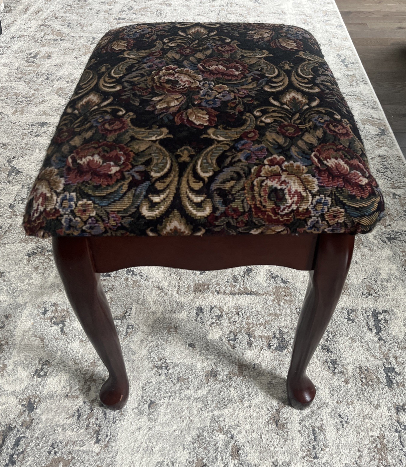 Vintage Wooden Upholstered Footstool Floral Tapestry Brown Stool