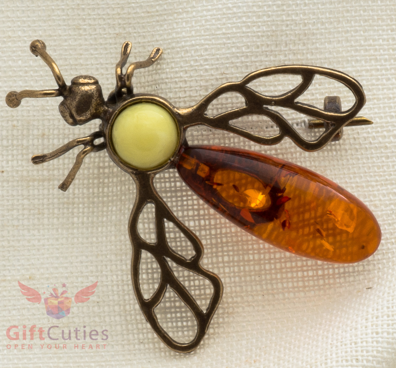 Solid Brass Amber Fly Insect Brooch IronWork