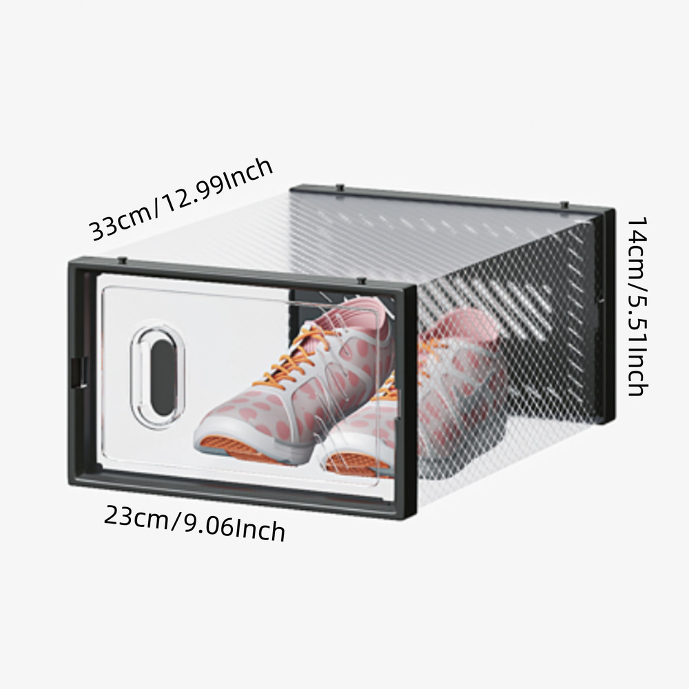 6-Pack Shoe Storage Boxes - Stackable, Plastic Mesh, Door, Black & Small Size