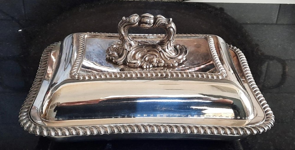 Fine Antique Silver Plated Rectangular Entree Dish with Ornate Handle  C 1850