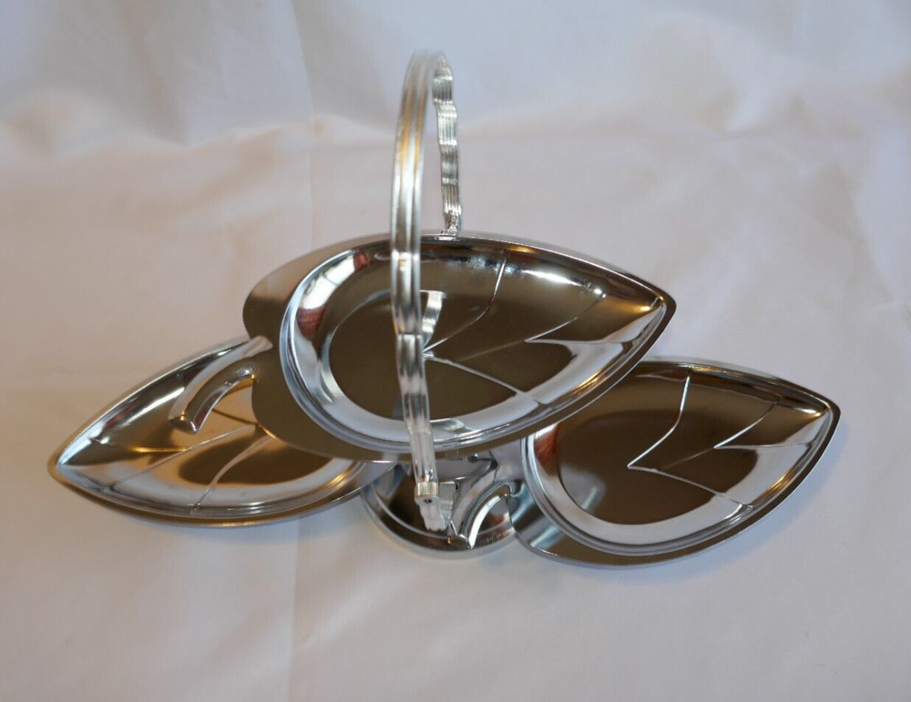 MCM Collapsible Silver Tone 3 Tier Leaf Serveware Snacks TrinketsJewelry Vintage