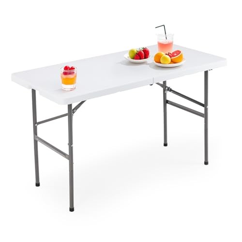 4 Feet Folding Picnic Table, Plastic Table with Carrying Handle, 4 FT White