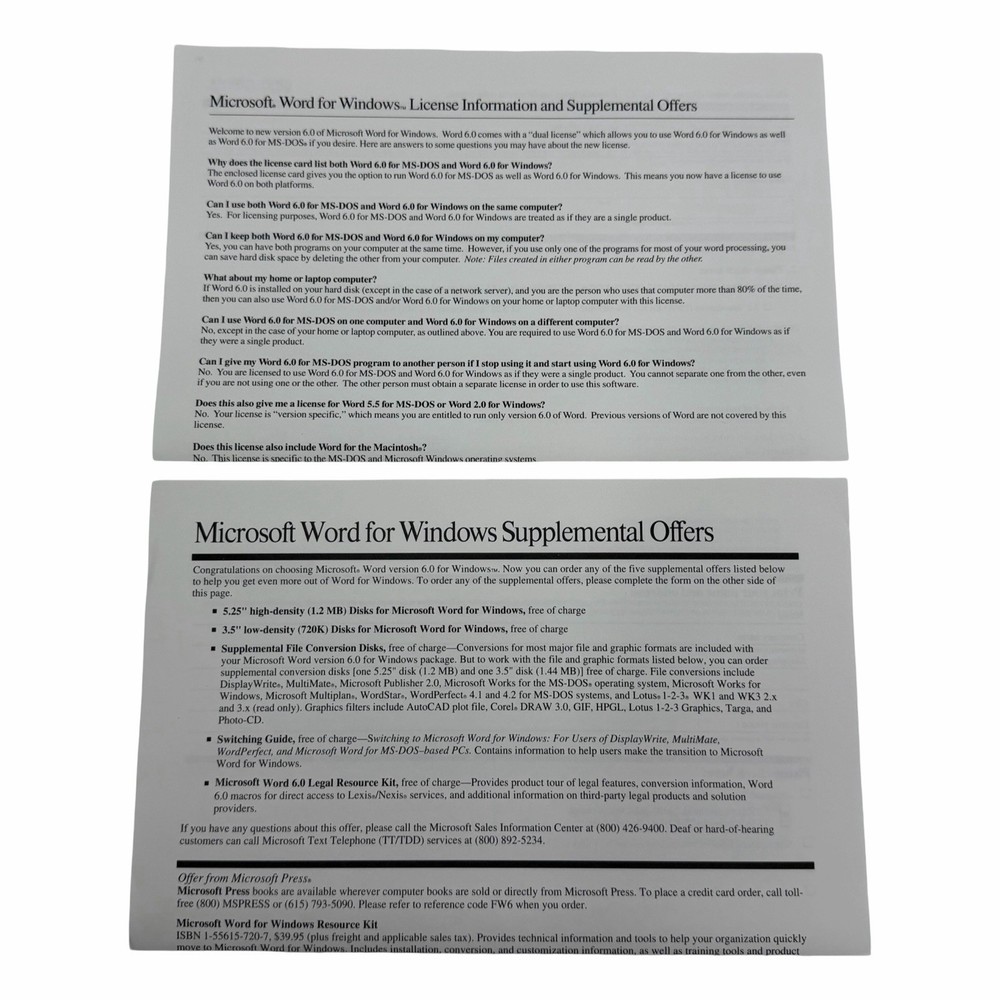 Microsoft Word Version 6.0 Special Upgrade Edition for Windows 3.5” High Density