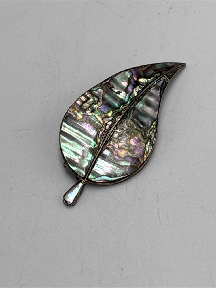 Leaf Shaped  Mexican Abalone Shell Vintage Sterling Silver Brooch