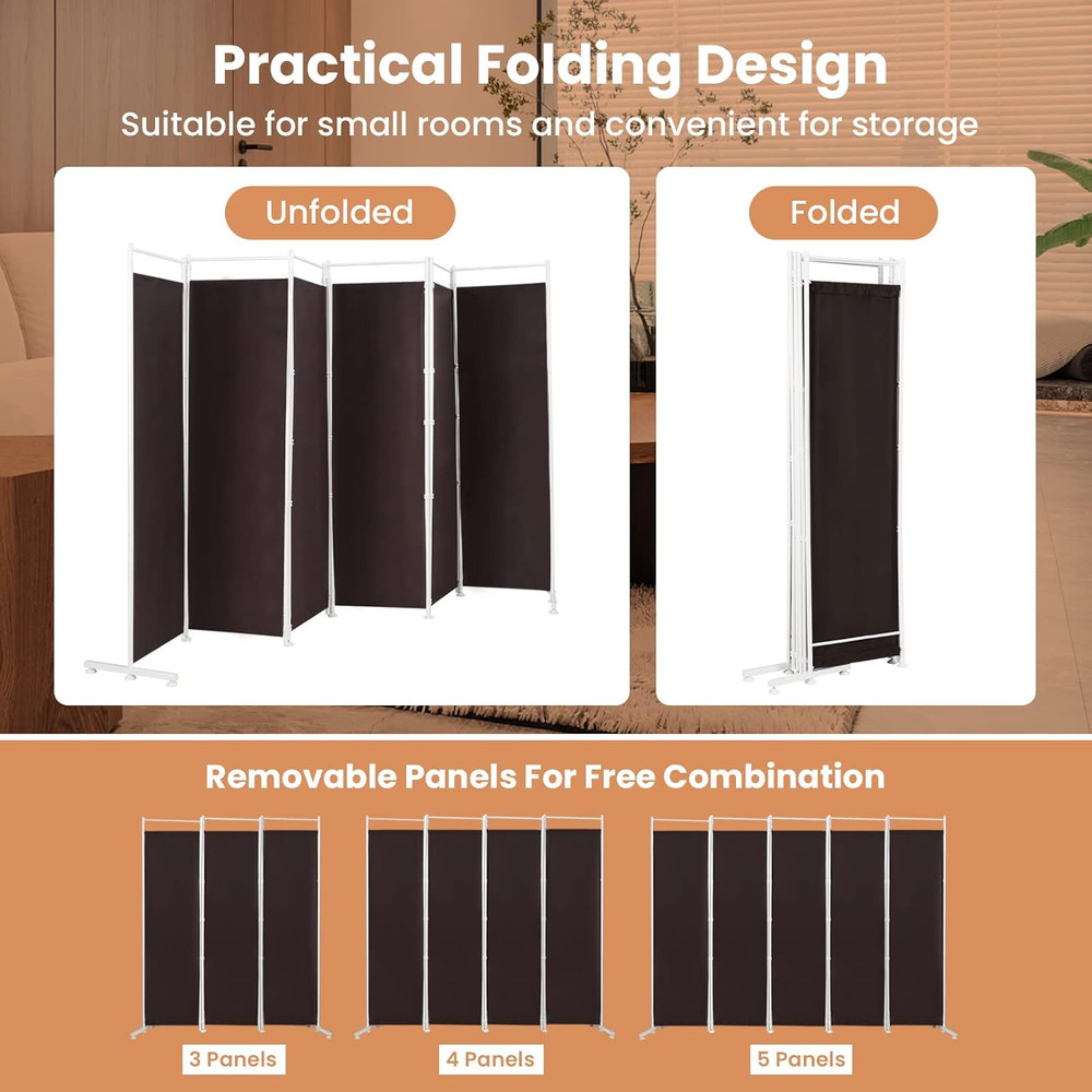 6 Ft Folding Room Divider - 6 Panel Freestanding Privacy Screen (Brown)