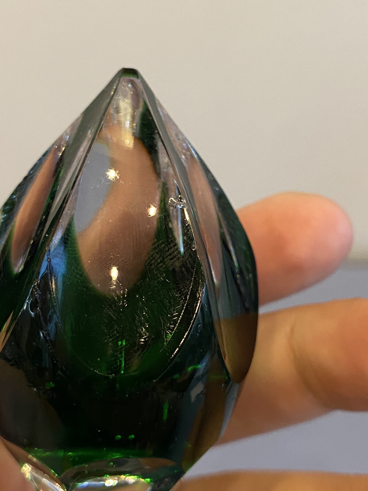 STUNNING VTG Emerald Green Cut To Clear Crystal Decanter W/Stopper 15.25"H