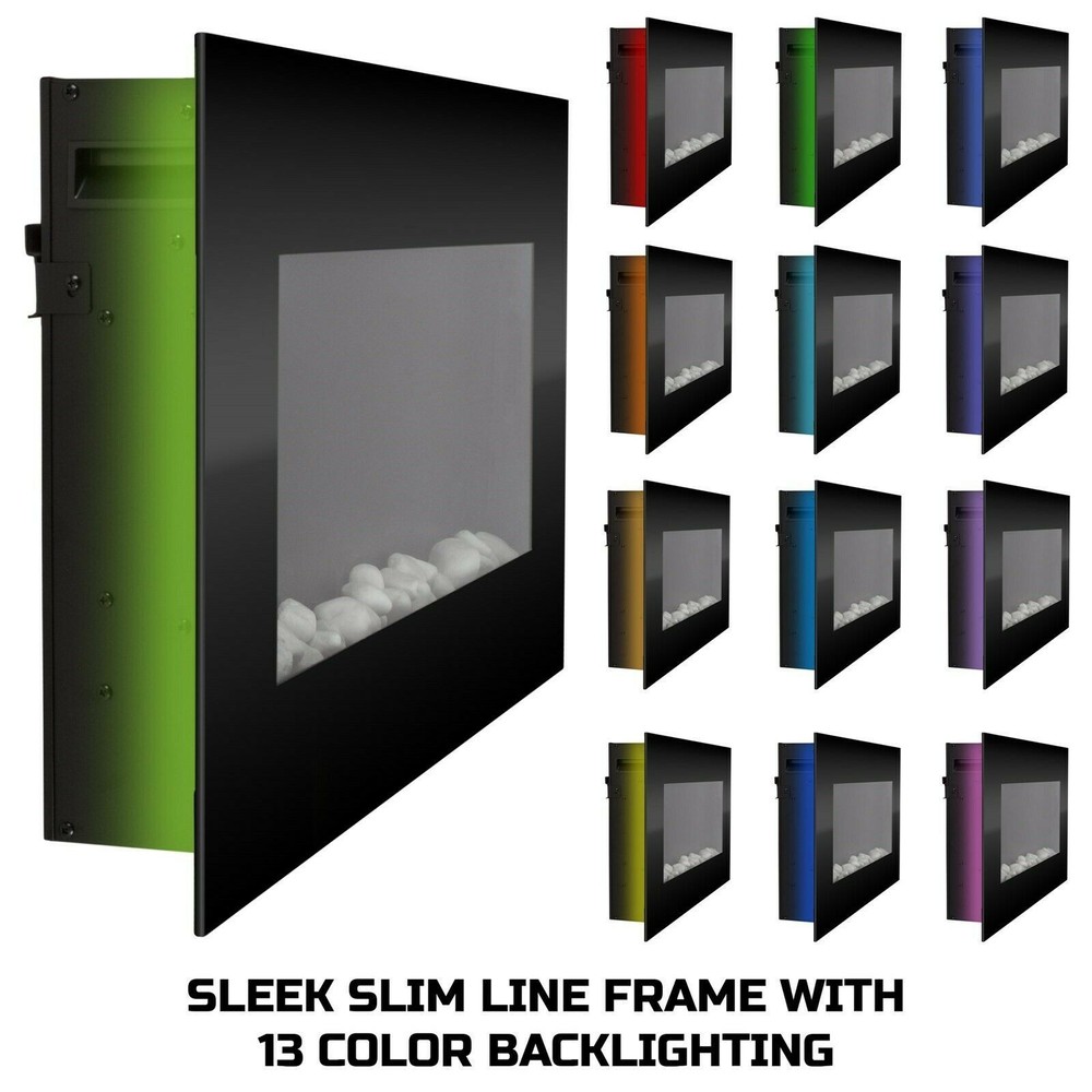 Electric Fireplace Wall Mounted Adjustable Heat Remote Backlight Colors Timer