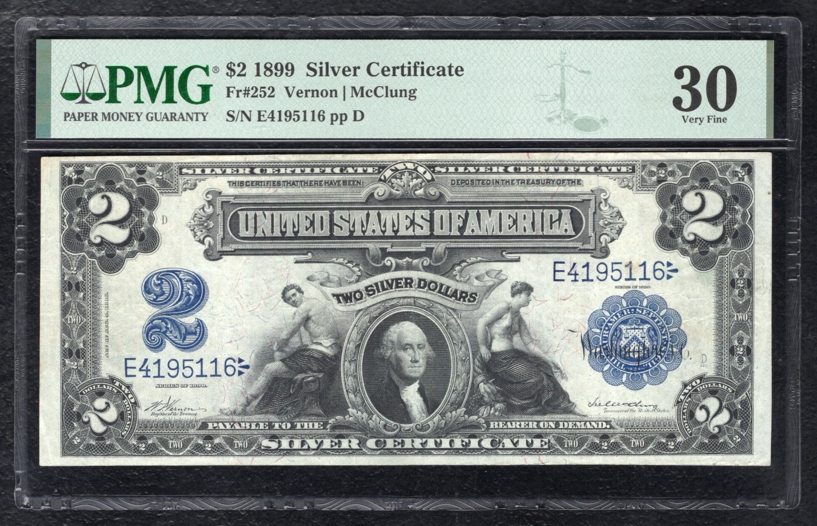 FR. 252 1899 $2 TWO DOLLARS “MINI PORTHOLE” SILVER CERTIFICATE PMG VERY FINE-30