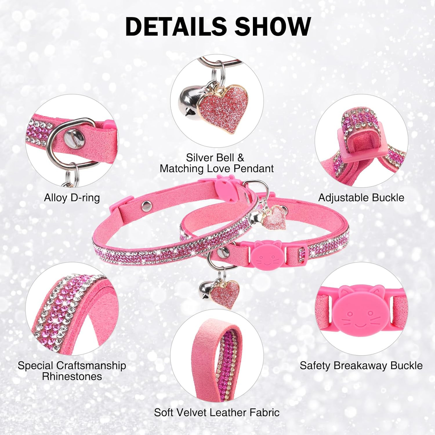 Rhinestone Cat Collar Breakaway with Bell Safety Buckle, 2 Pack Bling Diamond Ki
