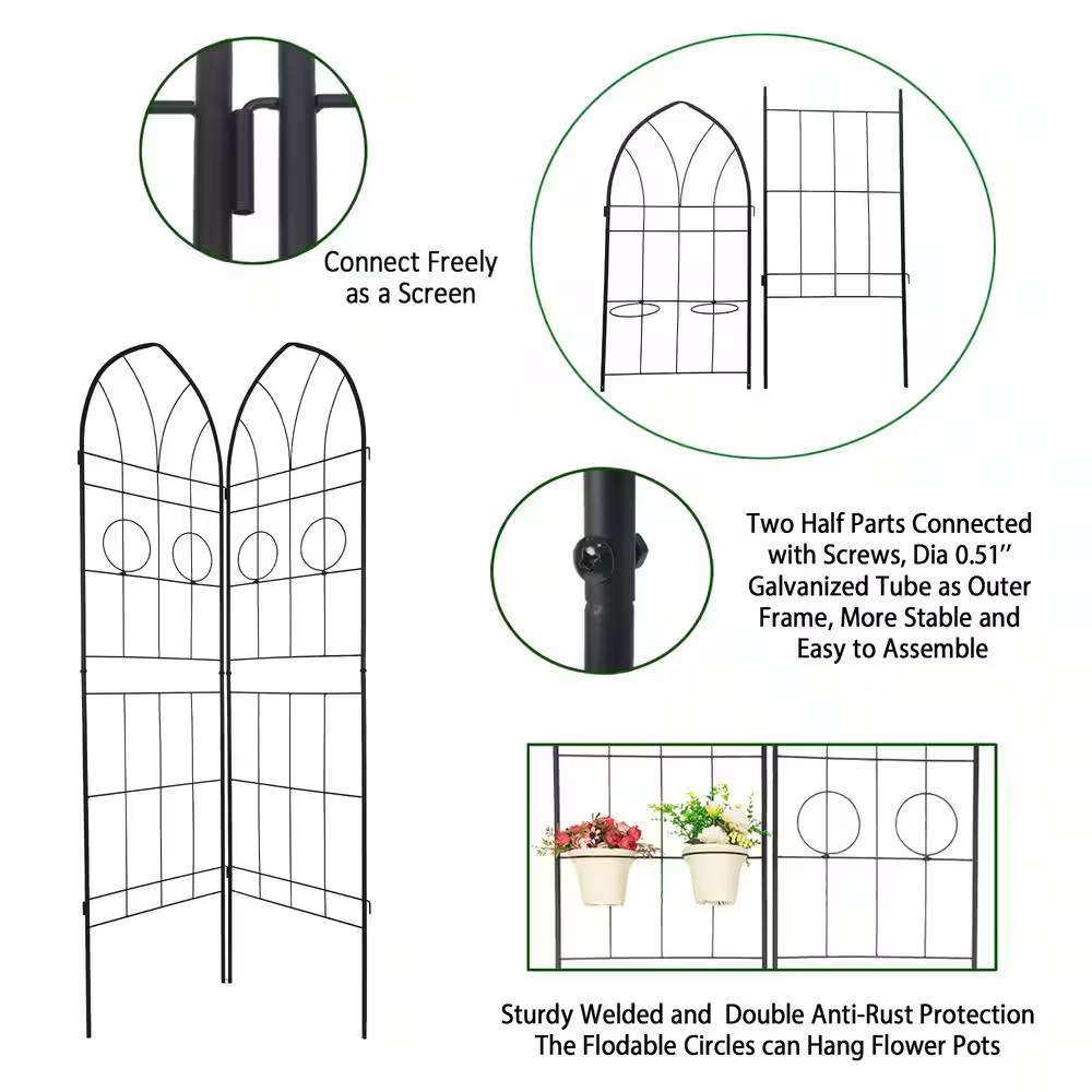 6.5 Ft Outdoor Black Metal Rustproof Garden Trellis for Climbing Plants, (4-Pack