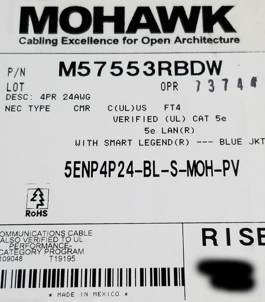 Belden Mohawk M57553 24/4P CAT5e LAN UTP Networking Cable Riser Blue /100ft