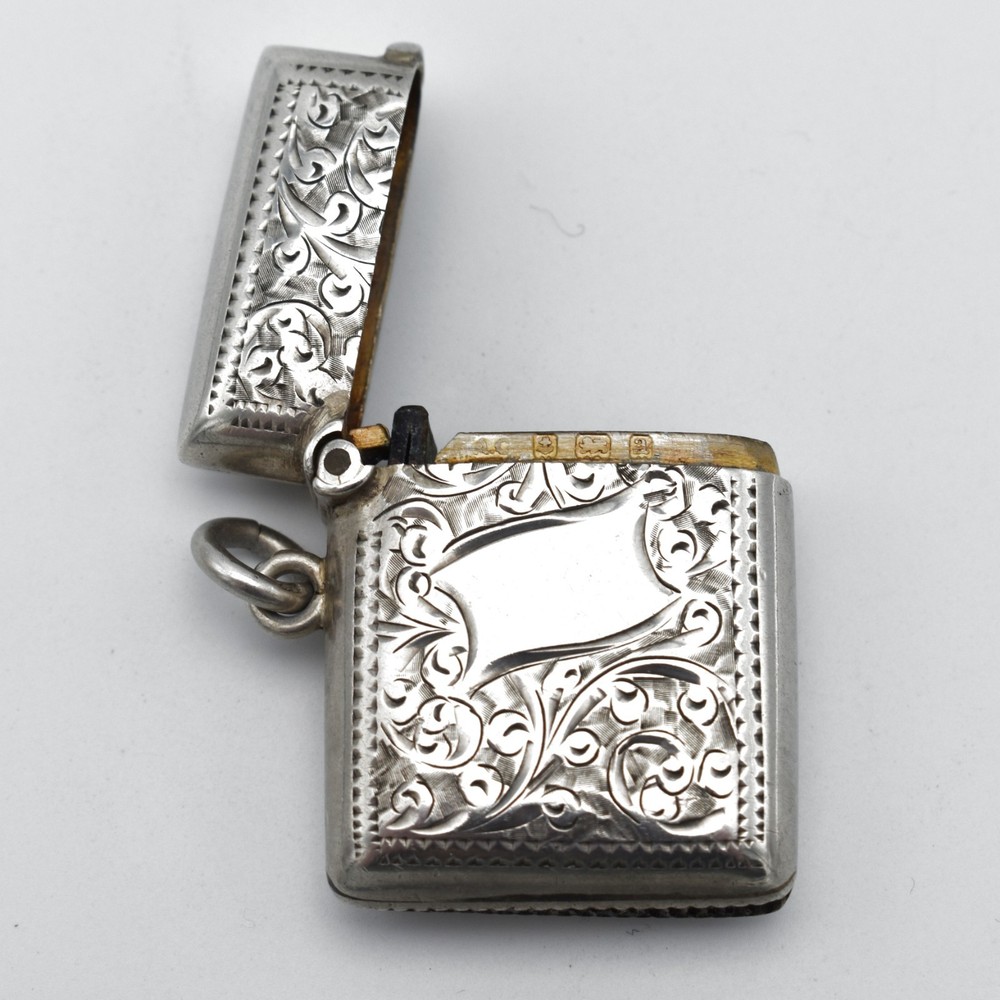 Antique Victorian Solid Sterling Silver Vesta Case Match Safe 1900 Acanthus