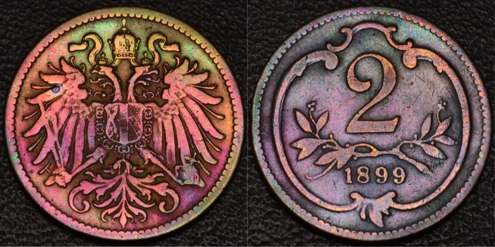 1899 Austria 2 Heller Rainbow Toning (L45-10)