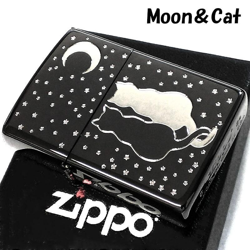 Zippo Moon Cat Black Silver Etching Engraving 1 Sided Processing Lighter JP
