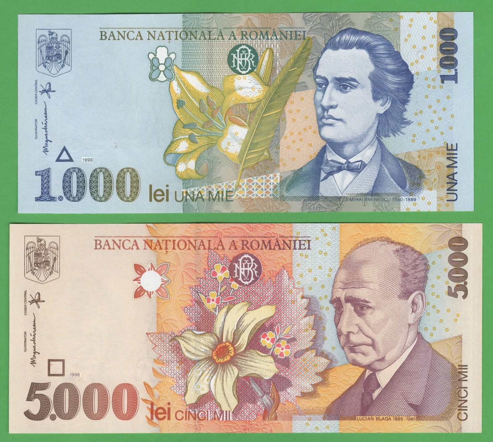 Set of 2 Romania 1000 and 5000 Leu Banknotes, 1998 P-106 P-107 Uncirculated