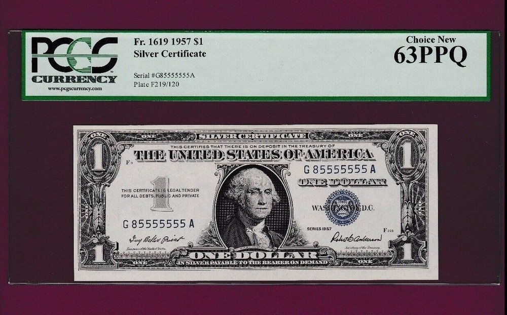 NEAR SOLID BINARY $1 1957 SILVER CERTIFICATE NOTE S/N 85555555 Fr.1619 PCGS